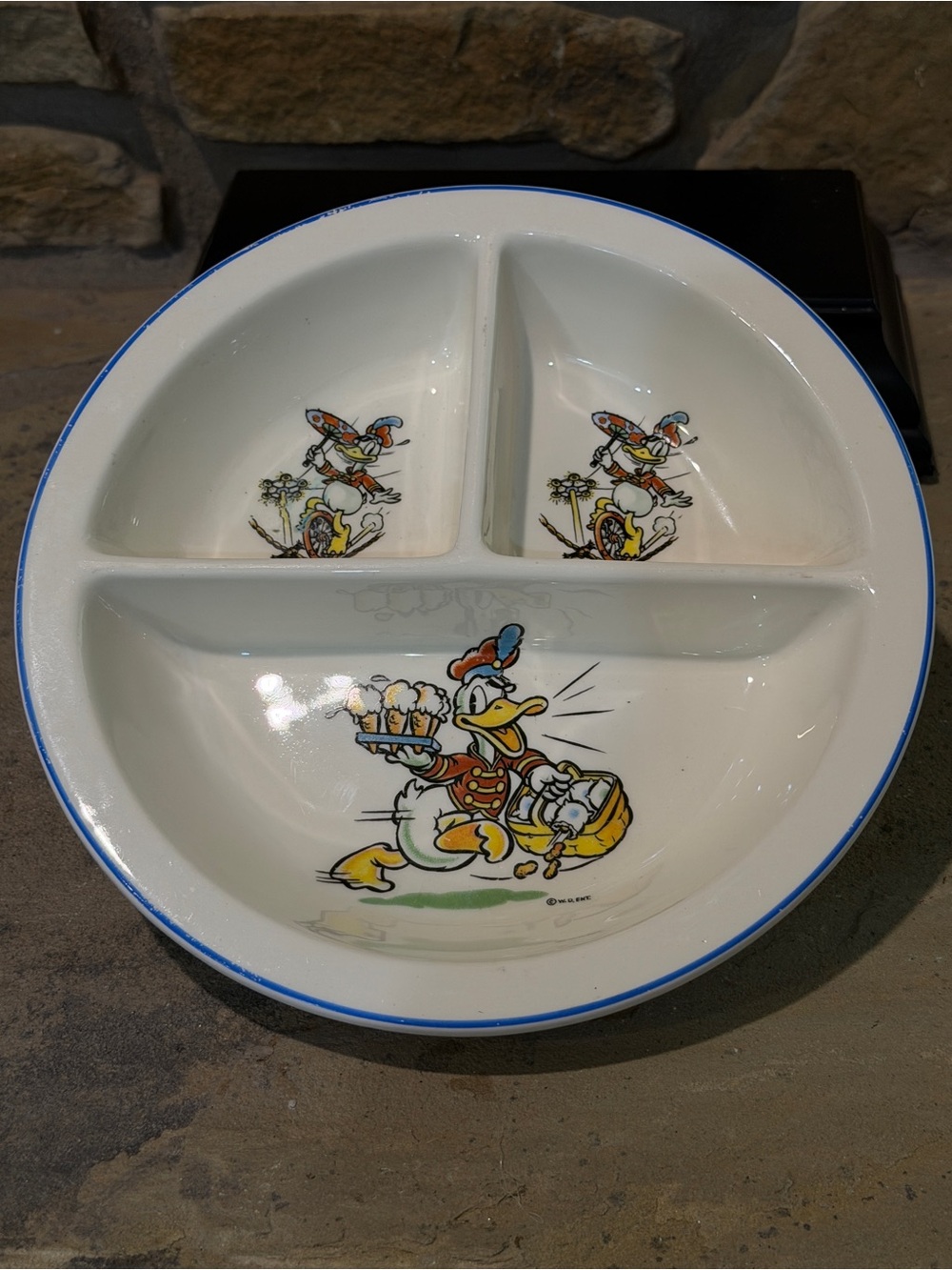 Disney Donald Duck White Ceramic Divided Plate with Blue Trim